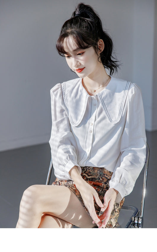 Blusa Cuello Bebé Azul Manga Larga Diseño Sofisticado para Mujer - Image 19