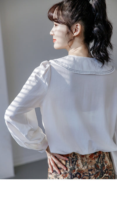 Blusa Cuello Bebé Azul Manga Larga Diseño Sofisticado para Mujer - Image 20