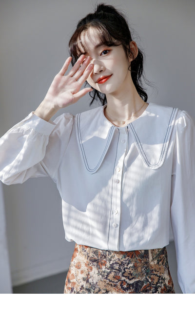 Blusa Cuello Bebé Azul Manga Larga Diseño Sofisticado para Mujer - Image 21