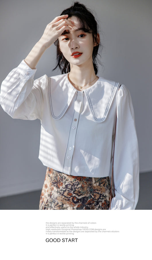 Blusa Cuello Bebé Azul Manga Larga Diseño Sofisticado para Mujer - Image 22