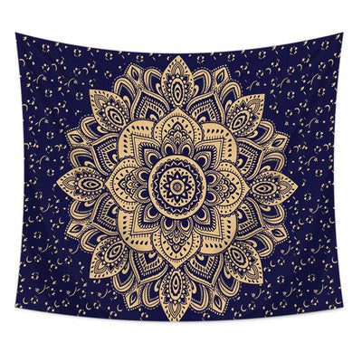 Navy blue tapestry with a large gold mandala pattern and smaller gold floral designs, made of polyester. - Image 14