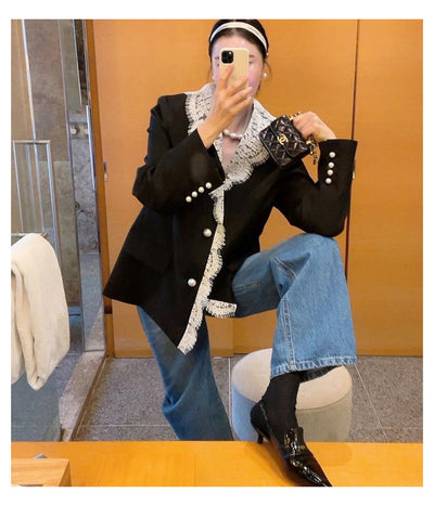 Blazer Elegante con Solapa de Encaje y Botones de Perla para Mujer - Image 16