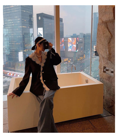 Blazer Elegante con Solapa de Encaje y Botones de Perla para Mujer - Image 18