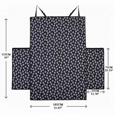 Black waterproof pet car mat with white paw print pattern covering the trunk and back of seats in an SUV. - Image 5