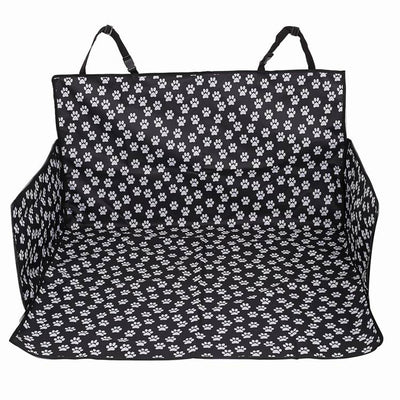 Black waterproof pet car mat with white paw print pattern covering the trunk and back of seats in an SUV. - Image 6