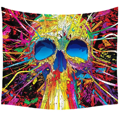 Colorful abstract geometric skull tapestry with a black background and vibrant yellow, blue, red, and pink hues. - Image 2