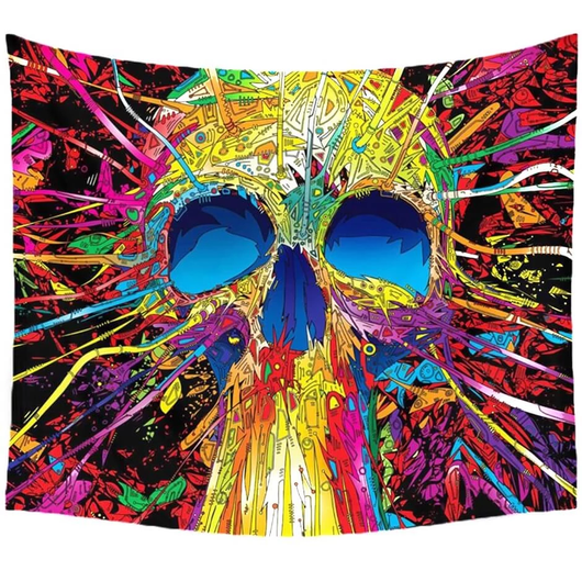 Colorful abstract geometric skull tapestry with a black background and vibrant yellow, blue, red, and pink hues. - Image 2