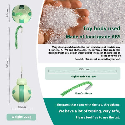 Green and light green plastic cat food leakage toy with a spherical body, cutouts, and a braided rope. - Image 3