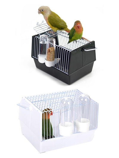 Black and white portable bird cage with two birds perched on top, featuring water and seed feeders. - Image 5