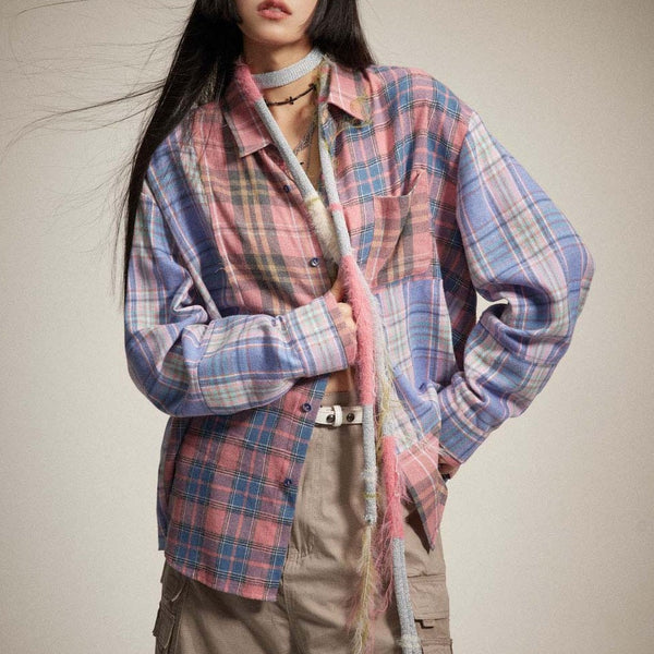 Camisa Cuadriculada Estilo Japonés con Detalles de Costura
