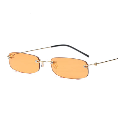 Rimless trendy sunglasses with rectangular orange lenses and gold-tone metal frames, featuring black temple tips. - Image 17