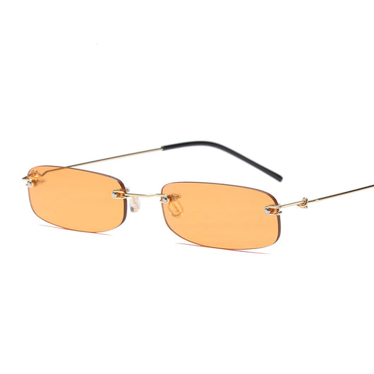 Rimless trendy sunglasses with rectangular orange lenses and gold-tone metal frames, featuring black temple tips. - Image 17