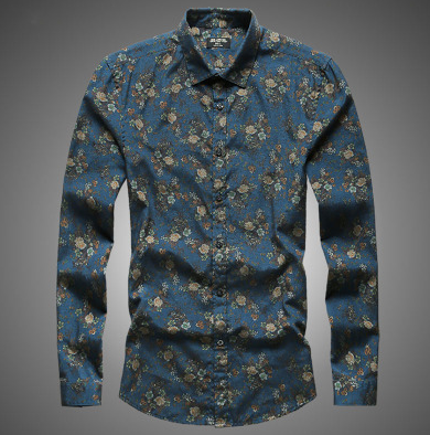 Camisa Estampada Azul Manga Larga Slim Fit Floral para Hombre - Image 5