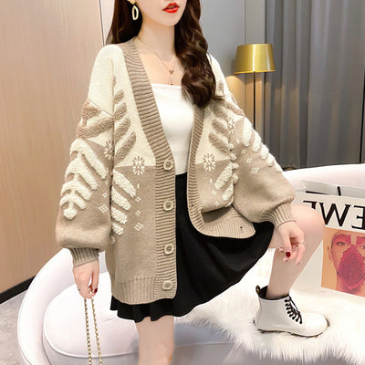 Cardigan Tejido Cuello V Mujer Navideño Copo de Nieve Holgado Estilo Coreano