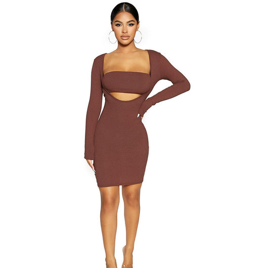 Vestido Ajustado con Escote Profundo y Pecho Envuelto de Manga Larga - Image 6