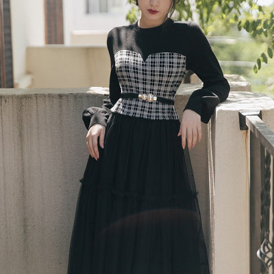 Vestido Cuadros con Malla Combinada - Elegancia y Temperamento