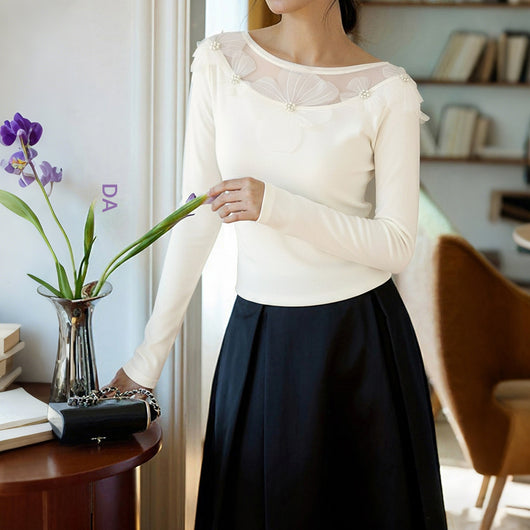 Blusa Elegante Slim Fit con Paneles de Malla Floral 3D - Image 2