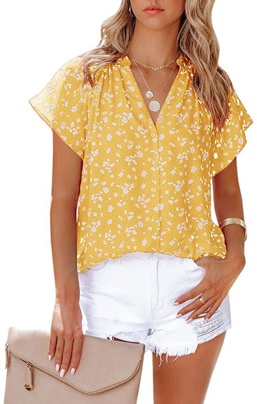 Blusa Estampada de Gasa Manga Corta Cuello en V - Image 9