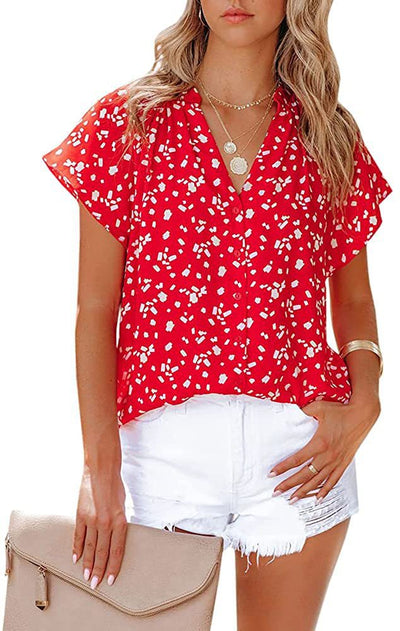 Blusa Estampada de Gasa Manga Corta Cuello en V - Image 11