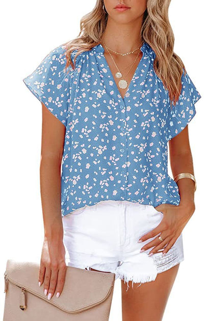 Blusa Estampada de Gasa Manga Corta Cuello en V - Image 17