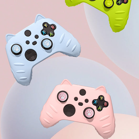 Light yellow silicone Xbox Series controller cover with cat ears, paw print joystick caps, and a cartoon cat sticker. - Image 2