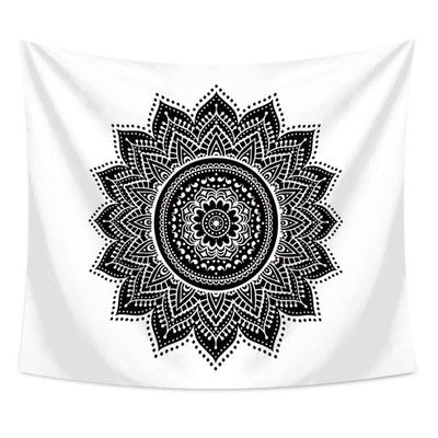 Navy blue tapestry with a large gold mandala pattern and smaller gold floral designs, made of polyester. - Image 11