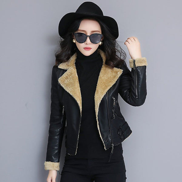 Chaqueta de Cuero con Pelaje de Oveja Gruesa para Mujer - Abrigo Premium Talla Grande