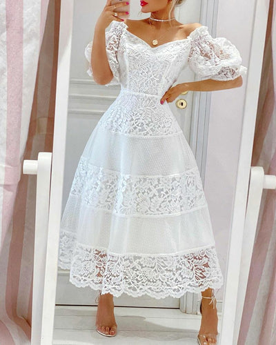 Vestido Largo Elegante con Escote en V y Mangas Abullonadas - Image 8