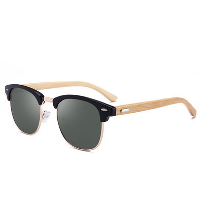 Clubmaster sunglasses with black upper frames, gold-tone metal lower rims, blue mirrored lenses, and light wood-look temples. - Image 9