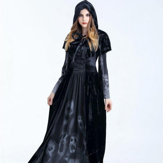 Disfraz de Bruja Gótica Medieval Maleficent - Vestido Negro Largo con Capucha para Halloween y Carnaval - Image 12