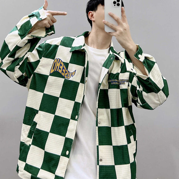 Saco a Cuadros Retro con Contraste de Color Verde para Hombre