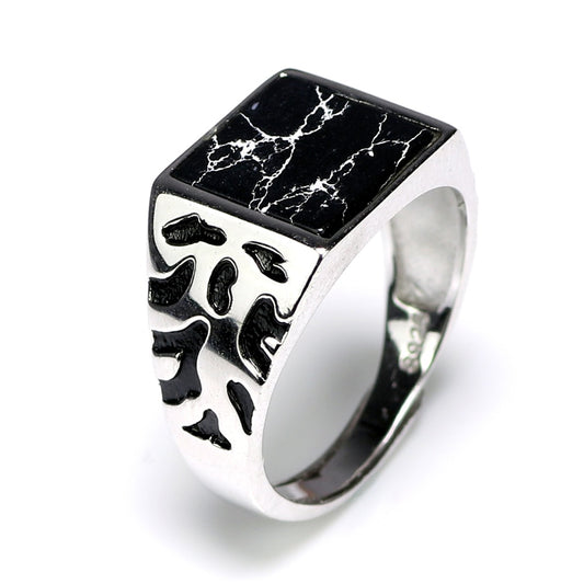 Anillo de Plata 925 Vintage para Hombre con Piedra Negra y Patrón Floral Ajustable