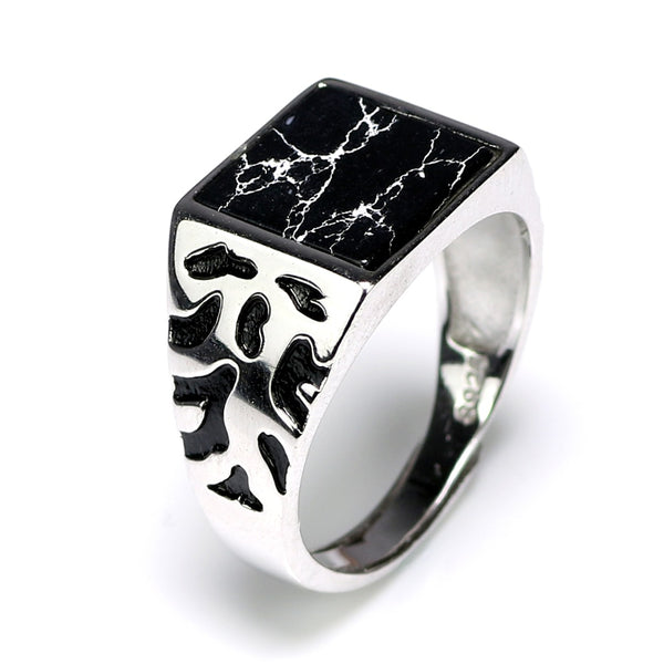 Anillo de Plata 925 Vintage para Hombre con Piedra Negra y Patrón Floral Ajustable