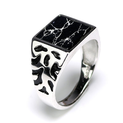 Anillo de Plata 925 Vintage para Hombre con Piedra Negra y Patrón Floral Ajustable