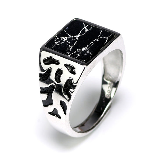 Anillo de Plata 925 Vintage para Hombre con Piedra Negra y Patrón Floral Ajustable