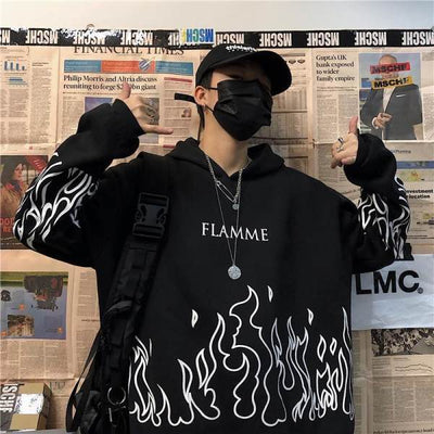 Sudadera Oversized Hip-Hop Retro con Estampado de Llamas y Forro Polar - Image 5
