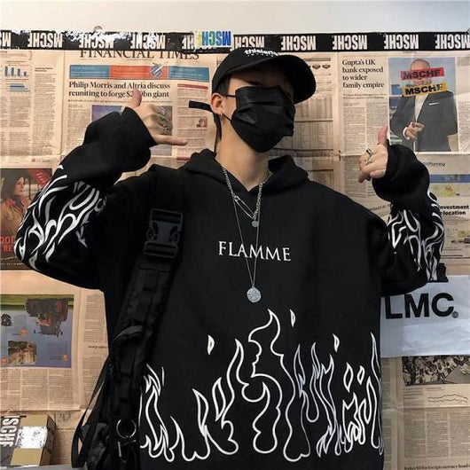 Sudadera Oversized Hip-Hop Retro con Estampado de Llamas y Forro Polar - Image 5