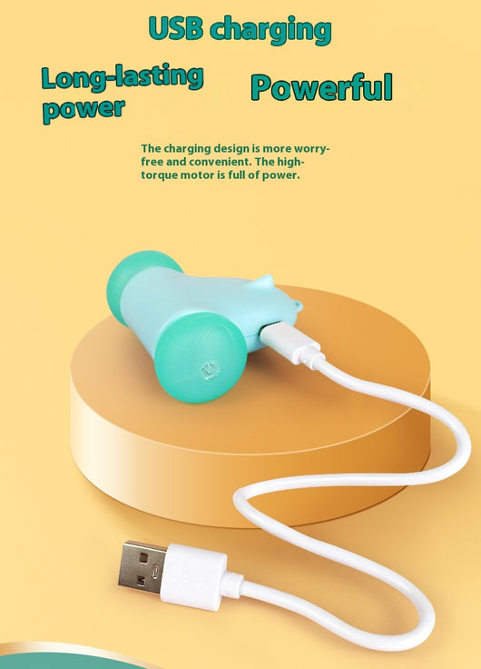 Blue smart cat toy with teal wheels and an attached light blue feather wand, plus a butterfly attachment with bell. - Image 10