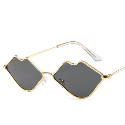 Retro red lips sunglasses with gold metal frames and brown gradient lenses on a white background. - Image 3