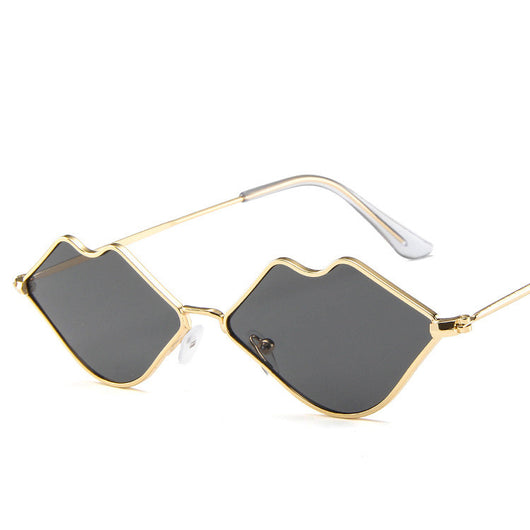 Retro red lips sunglasses with gold metal frames and brown gradient lenses on a white background. - Image 3