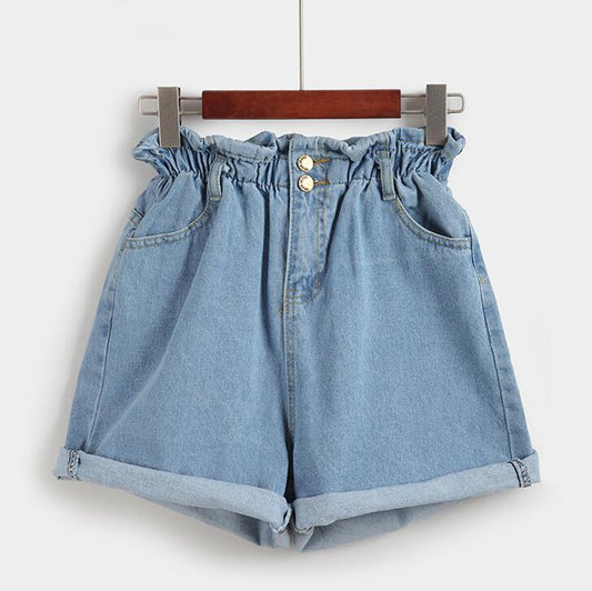 Shorts de Mezclilla Elástica Cintura Alta para Mujer - Estilo Verano Amplio y Cómodo