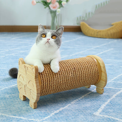 Cat scratcher with a corrugated cardboard cylinder and light wood ends, one shaped like a cat's head. - Image 3
