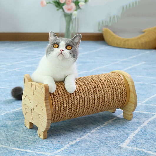 Cat scratcher with a corrugated cardboard cylinder and light wood ends, one shaped like a cat's head. - Image 3