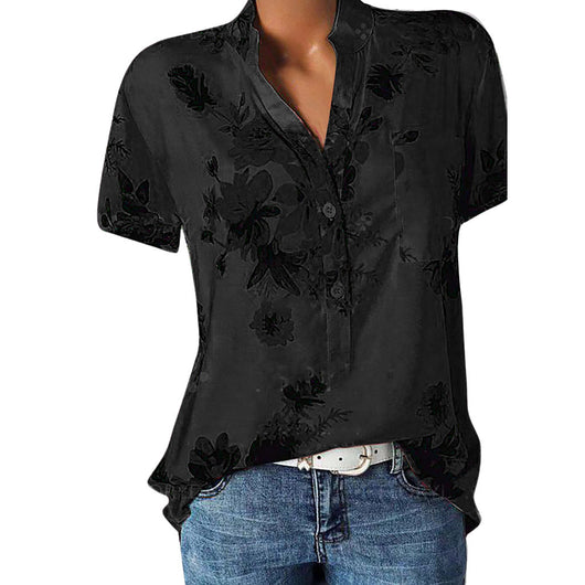 Blusa Estampada de Flores con Cuello en V y Manga Corta - Image 3