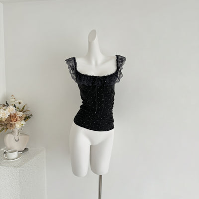 Blusa Crop Ajustada con Volantes, Encaje y Lunares - Manga Casquete - Image 22
