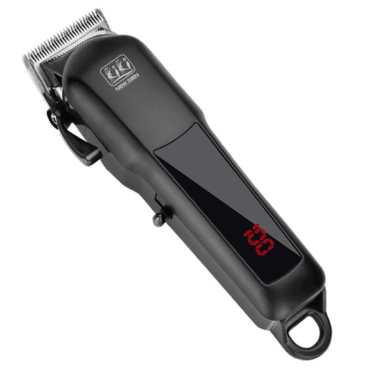 Black electric hair clipper with a silver blade, digital display showing '100', and a hanging loop. - Image 10