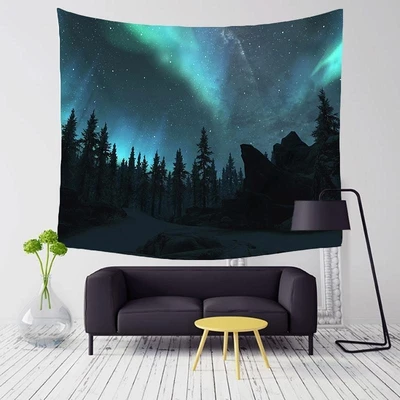 Aurora borealis tapestry featuring a dark forest and mountains under a starry night sky with vibrant green lights. - Image 2