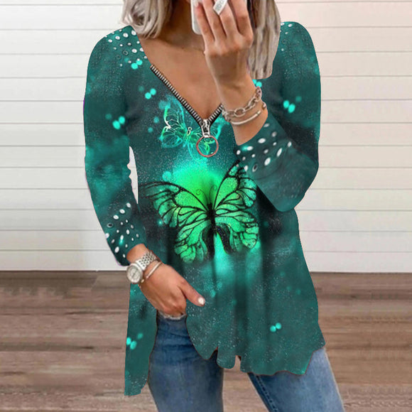 Blusa Pullover Mujer Cuello V con Cremallera y Estampado Perla