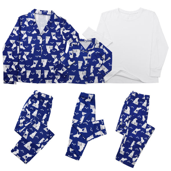 Blue and white polar bear print parent-child pajama set with long-sleeve tops and pants, plus a white t-shirt. - Image 13