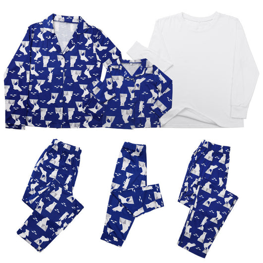 Blue and white polar bear print parent-child pajama set with long-sleeve tops and pants, plus a white t-shirt. - Image 13